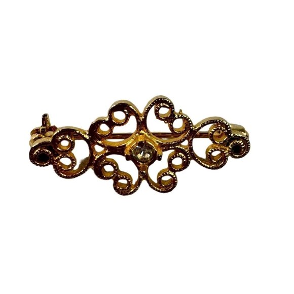 Vintage Gold Filigree Brooch Pin With Intricate Scroll Design crystal stone - Picture 1 of 5